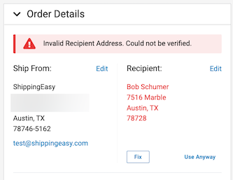 Order details show an invalid recipient address. There is an alert that says Invalid recipient address could not be verified