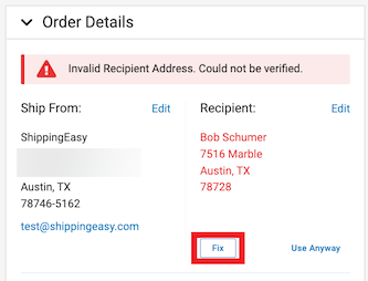 the order details slide out that have an invalid recipient address. The button Fix is marked
