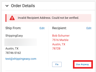 the order details slide out with an invalid ship-to address. The option to Use Anyway is marked