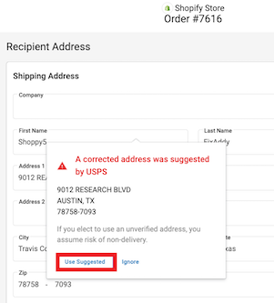 the order details with an invalid recipient address. A popup message shows that USPS has suggested a corrected address. The button to use suggested is marked