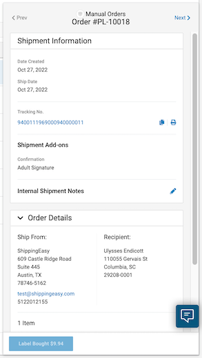 A shipment summary