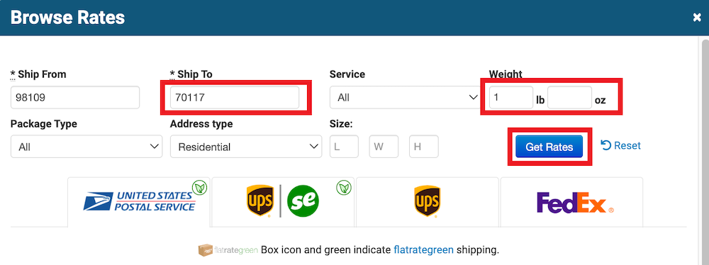 Browse Rates modal with the Ship To field, Weight field, and the Get Rates button marked. Carrier tabs are below.