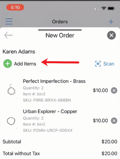 Paparazzi app showing new order screen with add items highlighted