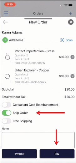 Paparazzi app showing new order screen with ship order and pay button highlighted