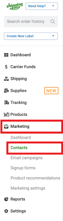 Side navigation bar showing Marketing and Contacts highlighted