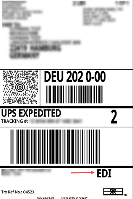 UPS international label that uses paperless invoicing, showing EDI marked
