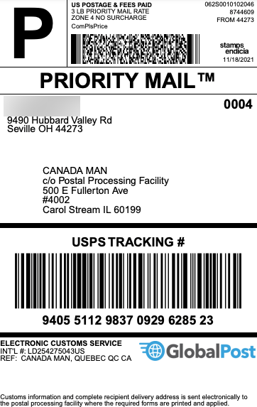 A Priority Mail GAP example label from the US to Canada