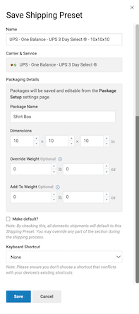 The order details save shipping preset modal