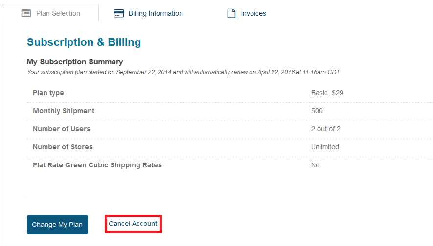 Cancel account button on Subscription and Billing page
