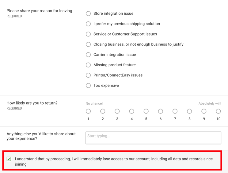 Feedback and confirmation checkbox on final screen of cancel account