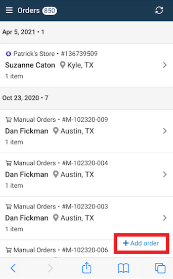 mobile view add order marked