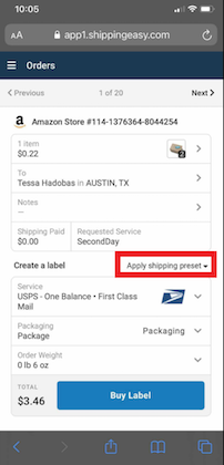 mobile view apply shipping preset marked