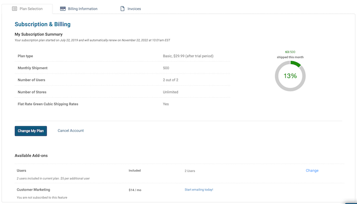 Subscription Plan summary page