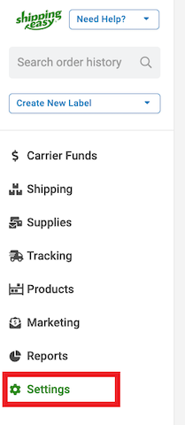 ShippingEasy side navigation with Settings highlighted