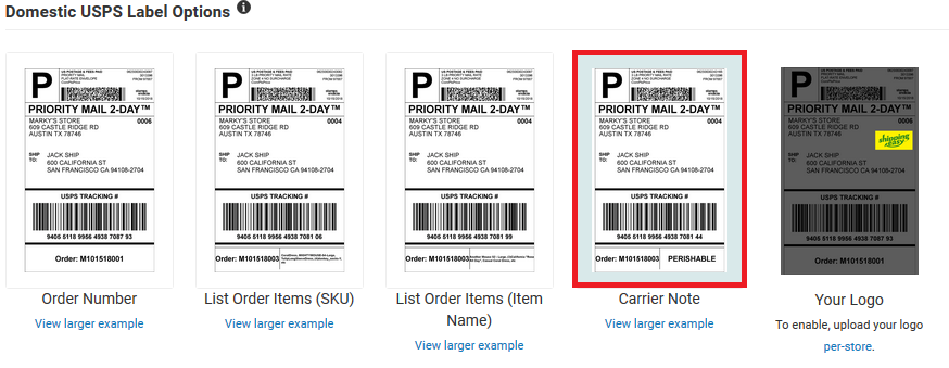 USPS Domestic label options with one highlighted