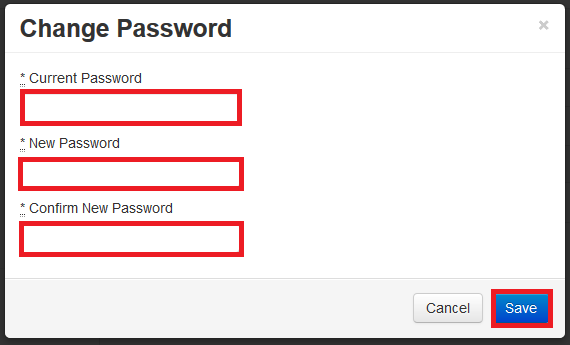 Enter your current password, your new password, confirm password. Then click the save button. (passwords must be a minimum of 8 characters.