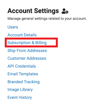 Account Settings page with Subscriptions & Billing link highlighted.