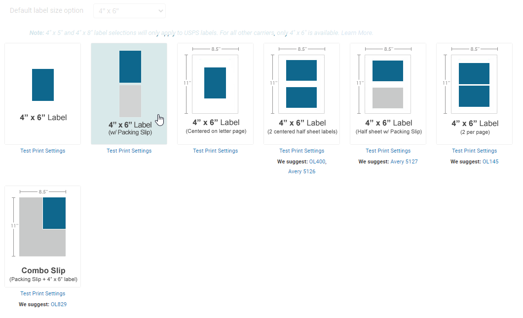 Label layout options on Shipping Labels page