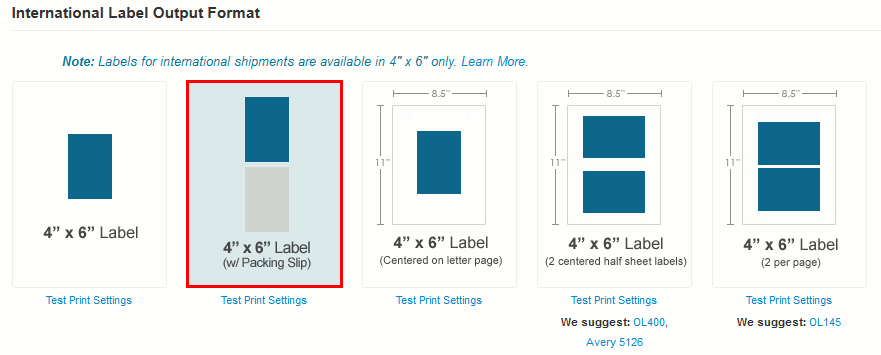 Select the international label output format by clicking the correct image.