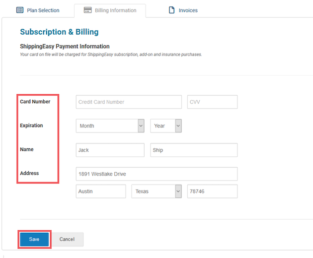 Enter billing details then click the save button.