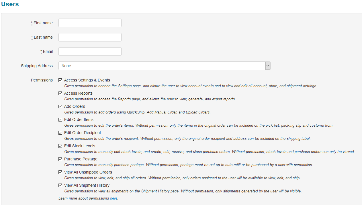 User form and permissions page