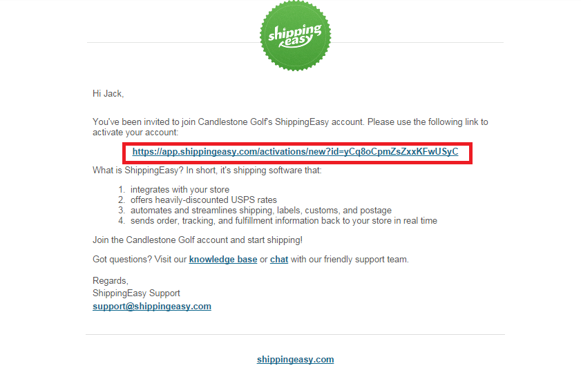 Easy new account invite email link highlighted