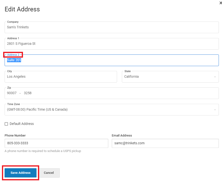 Modify the address. Then click the Save Address button.