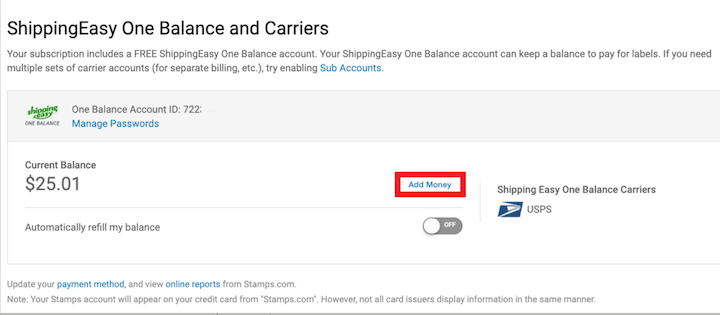 Box highlights Add Money link in UI