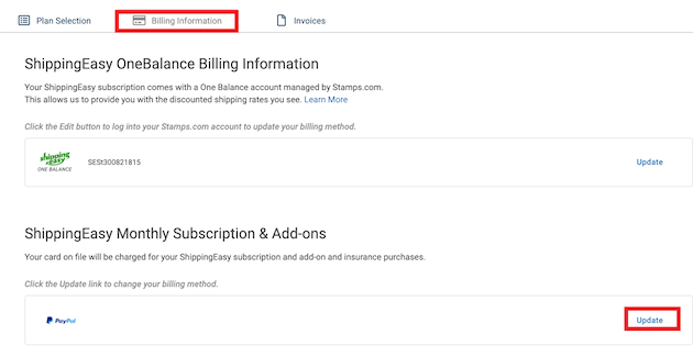 Billing info tab with Update link highlighted