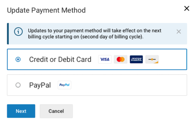 Update Payment method pop-up on Subscription and Billing page