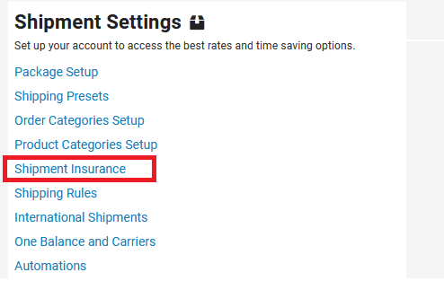 Settings page Shipment Settings section Shipment Insurance page marked