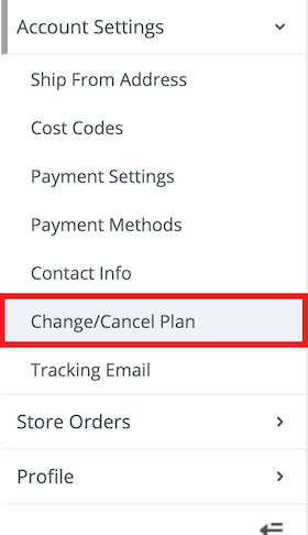 Account Settings. Box highlights option to Change / Cancel Plan