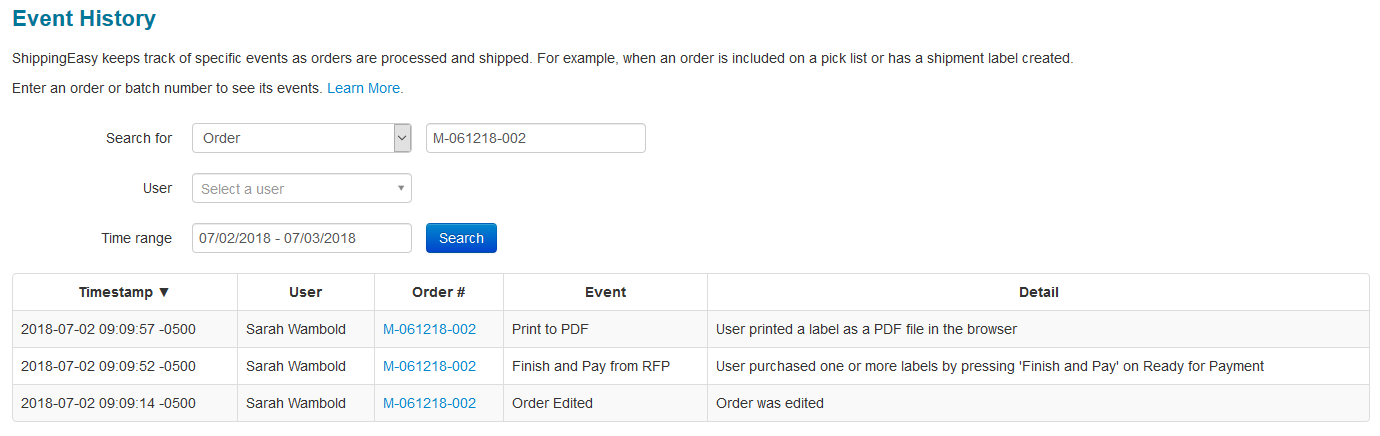 Event History page with search results