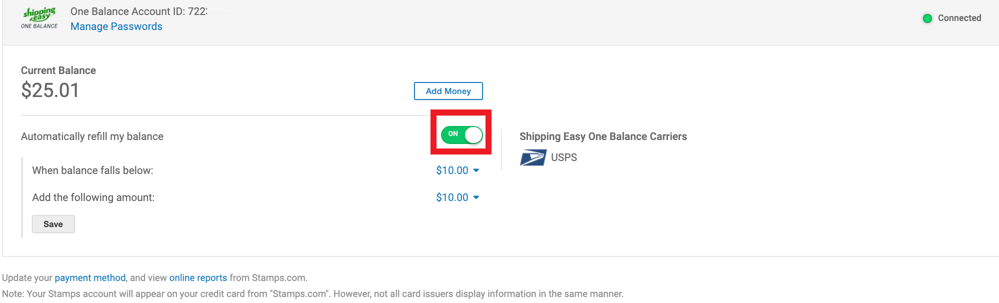 Box highlights toggle shown activated to automatically refill account balance