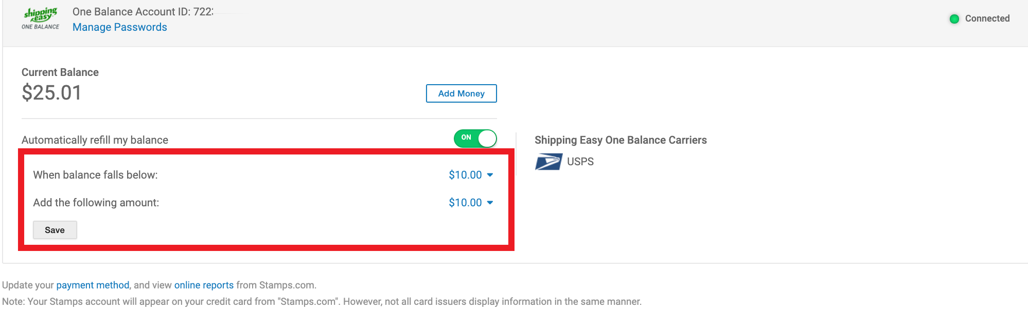 Box highlights refill drop downs for When Balance Falls Below, and Add following amount fields