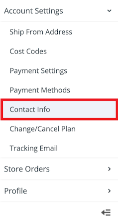 Stamps.com website. Box highlights Contact Info option