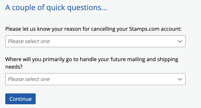 Stamps Feedback popup with dropdown menu options