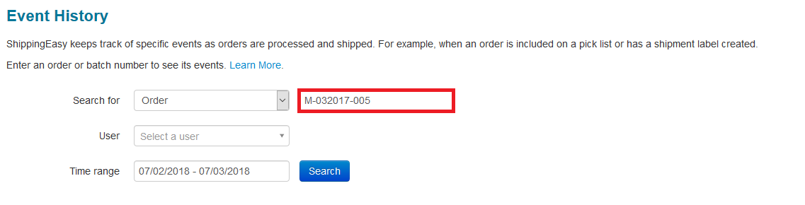 Order number highlighted on Event history page