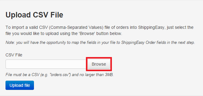 Browse button for customer address CSV file