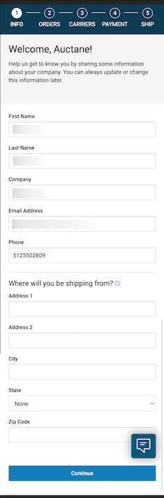 Onboarding. Step 1 Info. Shows Fields for Address and Contact info, Continue Button