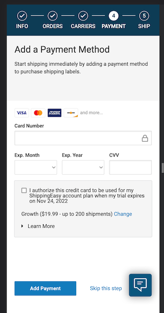 Onboarding Step 4. Fields for payment info, add payment button