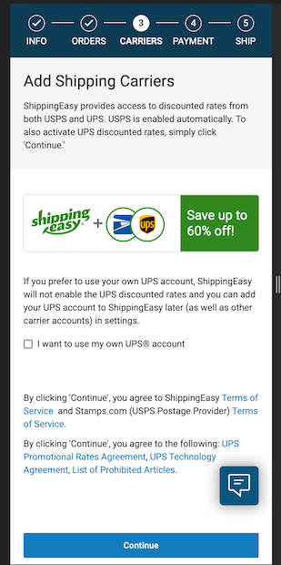 onboarding. Step 3. Add Shipping Carriers, check box, and terms conditions agreement links