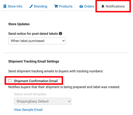 Shipment confirmation email unchecked on Notifications tab on Stores & Orders page