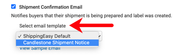 select email template highlighted on Notifications tab on Stores & Order page