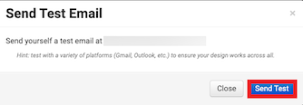 Send test email popup showing blurred account owner email address and the send test button marked