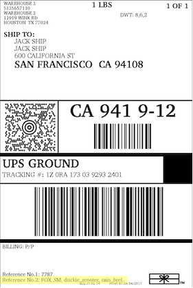 UPS Ground label with item name SKU highlighted