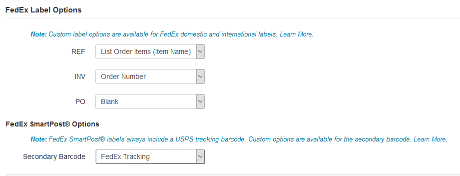 FedEx label options section on Labels page