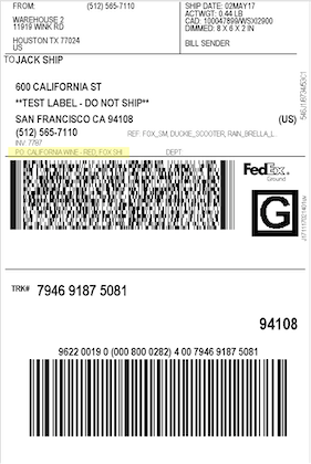 FedEx ground label with PO Field highlighted