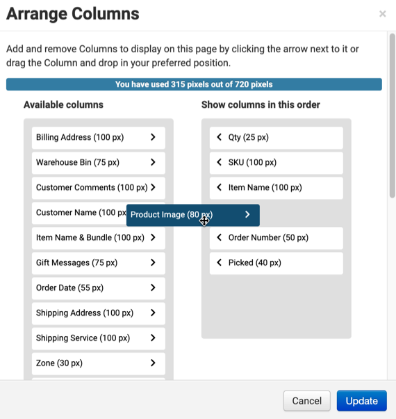 Pick List page Arrange Columns popup