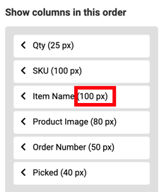 Arrange Column popup marked to show column pixel size